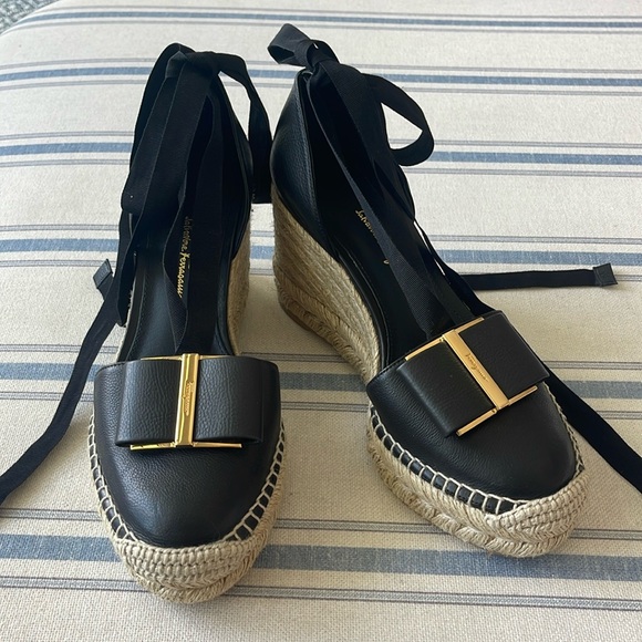 Salvatore Ferragamo Shoes - Black Salvatore Ferragamo Double Vara Bow Leather Wedge Espadrille